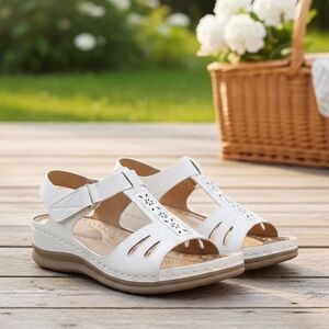 Boho Chic: White T-Strap Comfort Wedge Sandals | Size: 8 1/2